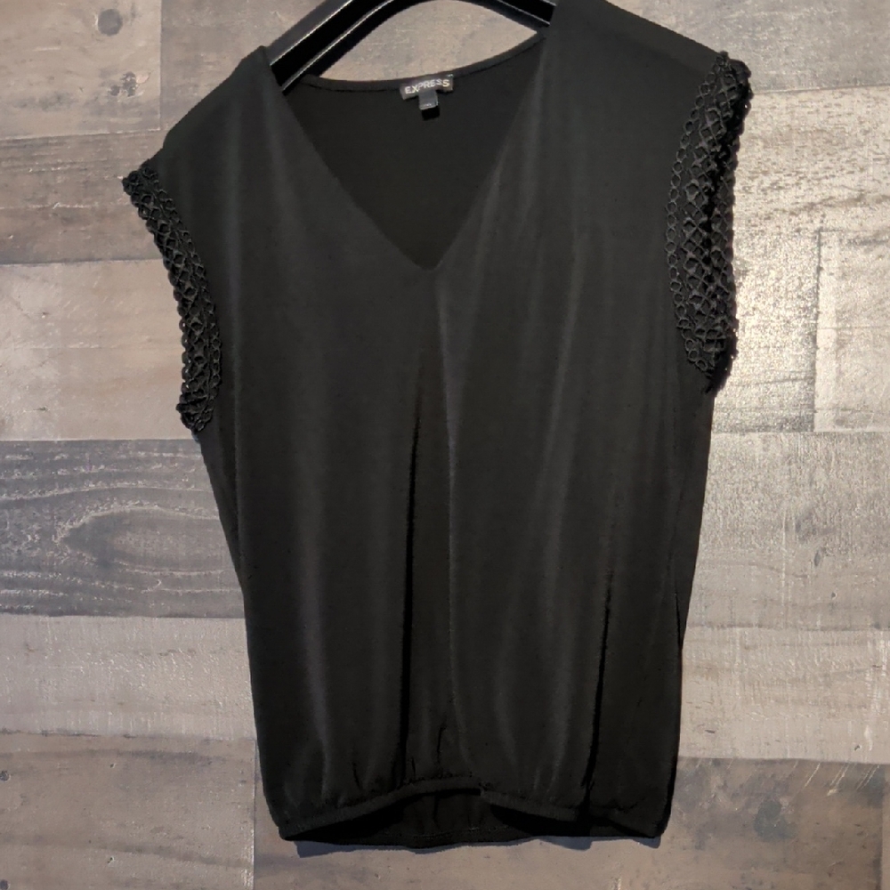 Express Black Blouse with Crochet Sleeves